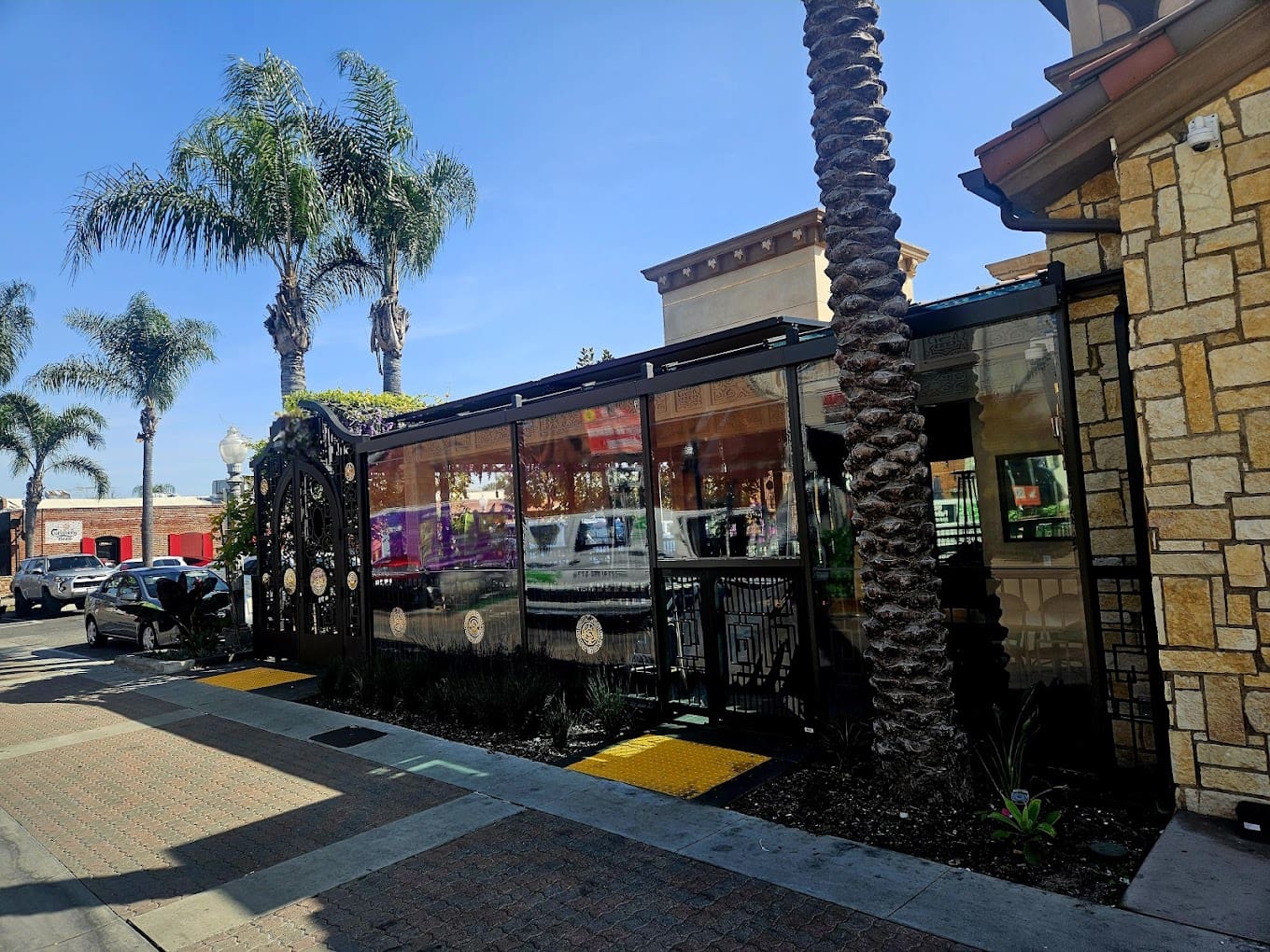 A street scene with palm trees and buildings.